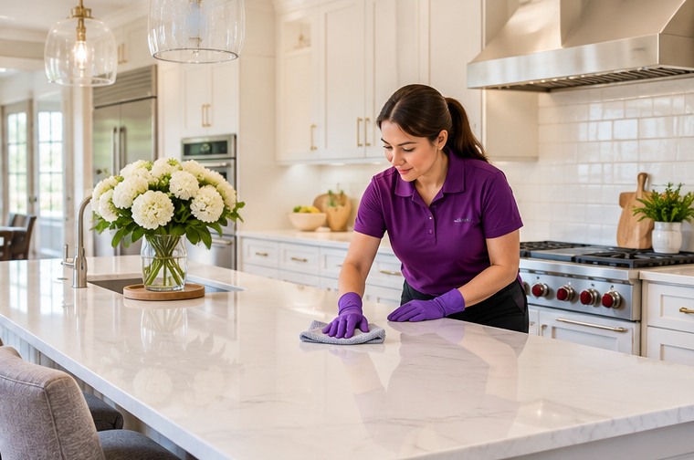 Cleaner wiping a bright kitchen countertop